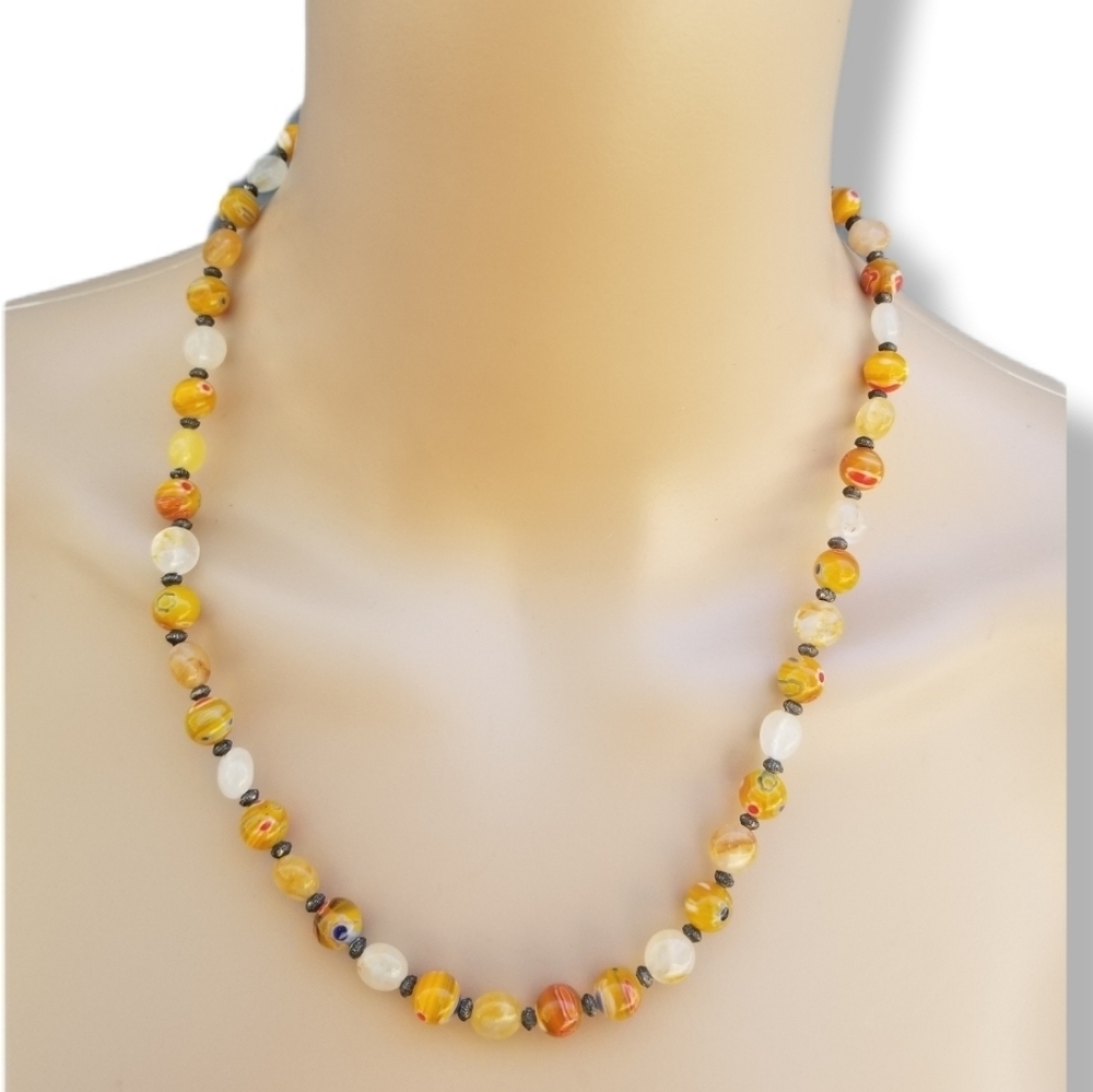 VINTAGE MILLEFIORI FLORAL DESIGN GLASS BEAD & CITRINE GEMSTONE BEAD NECKLACE